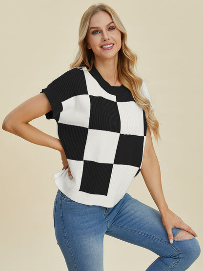 Darla Checkered Round Neck Short Sleeve Sweater