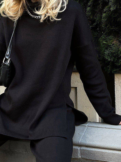 Basic Side Slit Turtleneck Dropped Shoulder Sweater