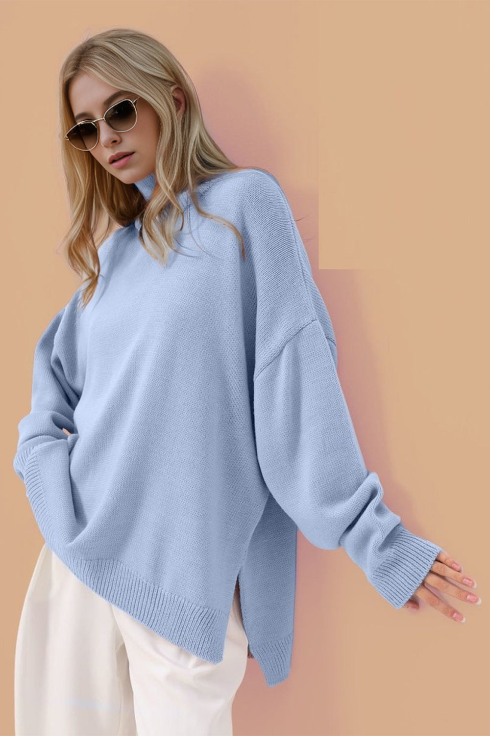 Basic Side Slit Turtleneck Long Sleeve Sweater