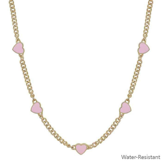 Water Resistant Gold Textured Chain with Pink Epoxy Heart