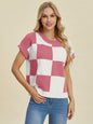 Darla Checkered Round Neck Short Sleeve Sweater