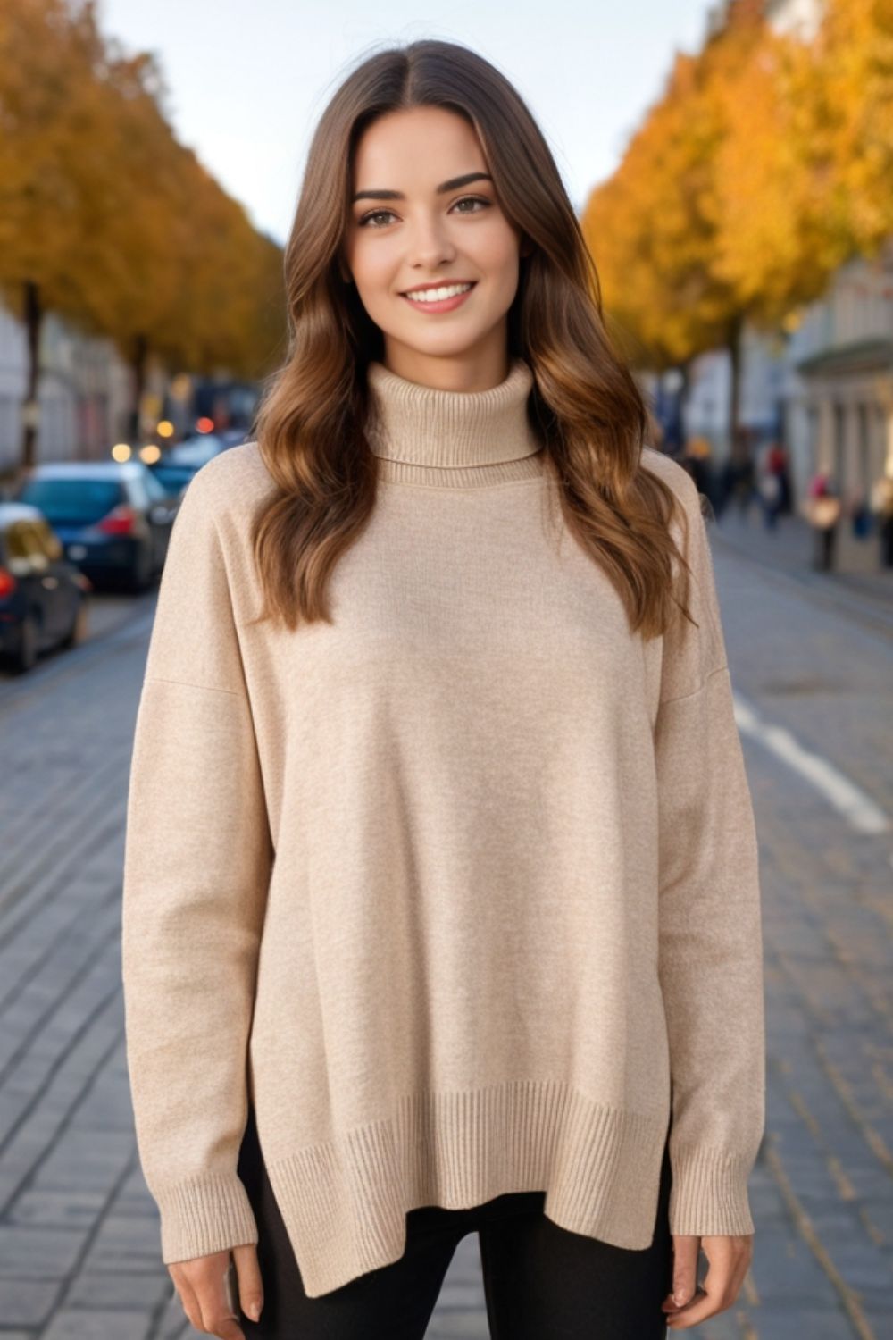 Basic Side Slit Turtleneck Dropped Shoulder Sweater