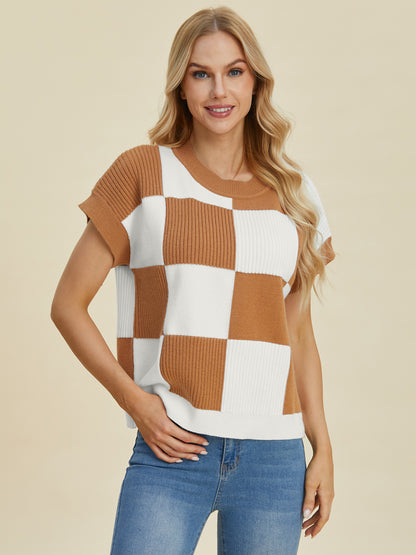 Darla Checkered Round Neck Short Sleeve Sweater