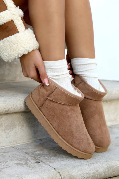 CAMEL FAUX SUEDE ULTRA MINI BOOTS