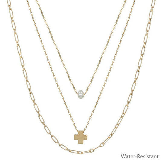 Water Resistant Triple Layered Gold Cross Shape and Pearl 16"-18" Necklace