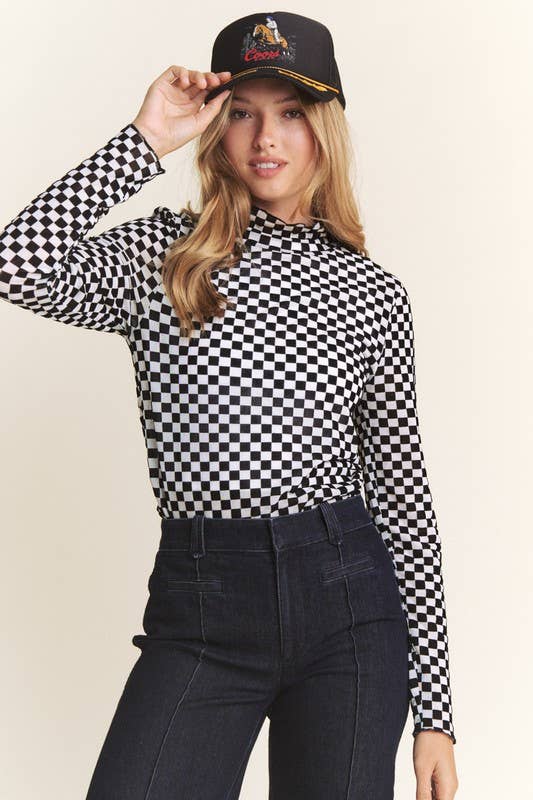 LONG SLEEVE CHECKERED MESH MOCK NECK TOP