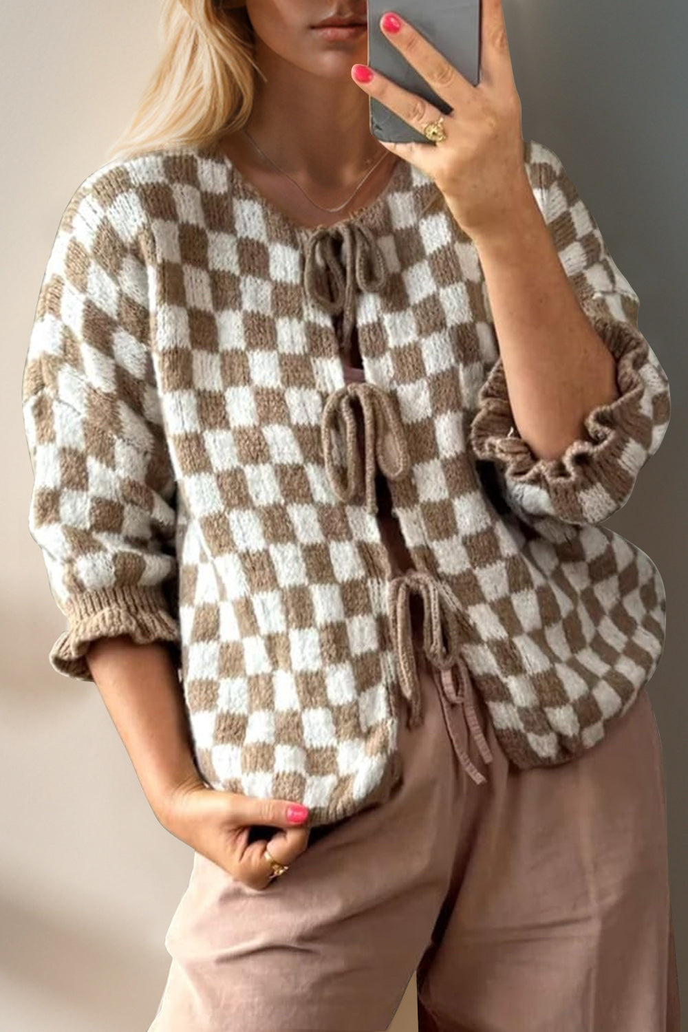 Pink Checkered Flounce Sleeve Cardigan