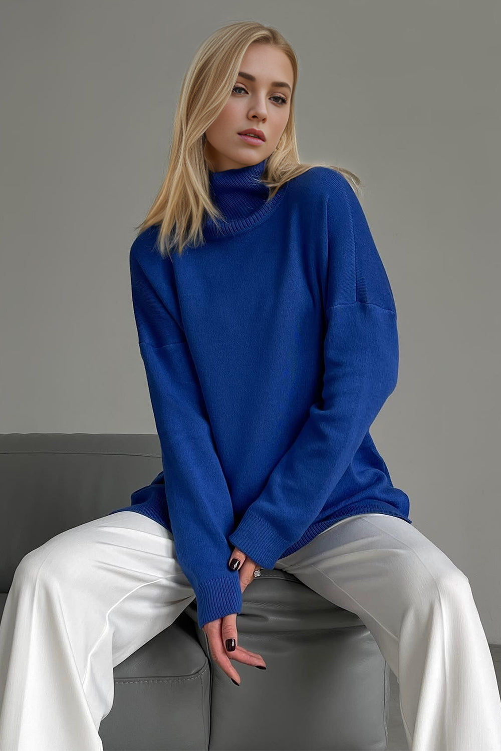 Basic Side Slit Turtleneck Dropped Shoulder Sweater