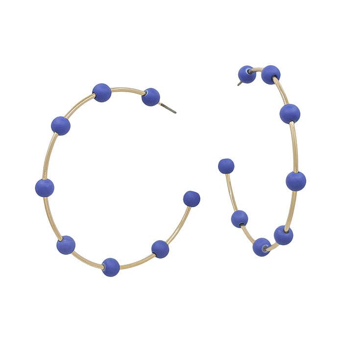 Gold Hoop with Royal Blue Beaded Accents 2" Earring