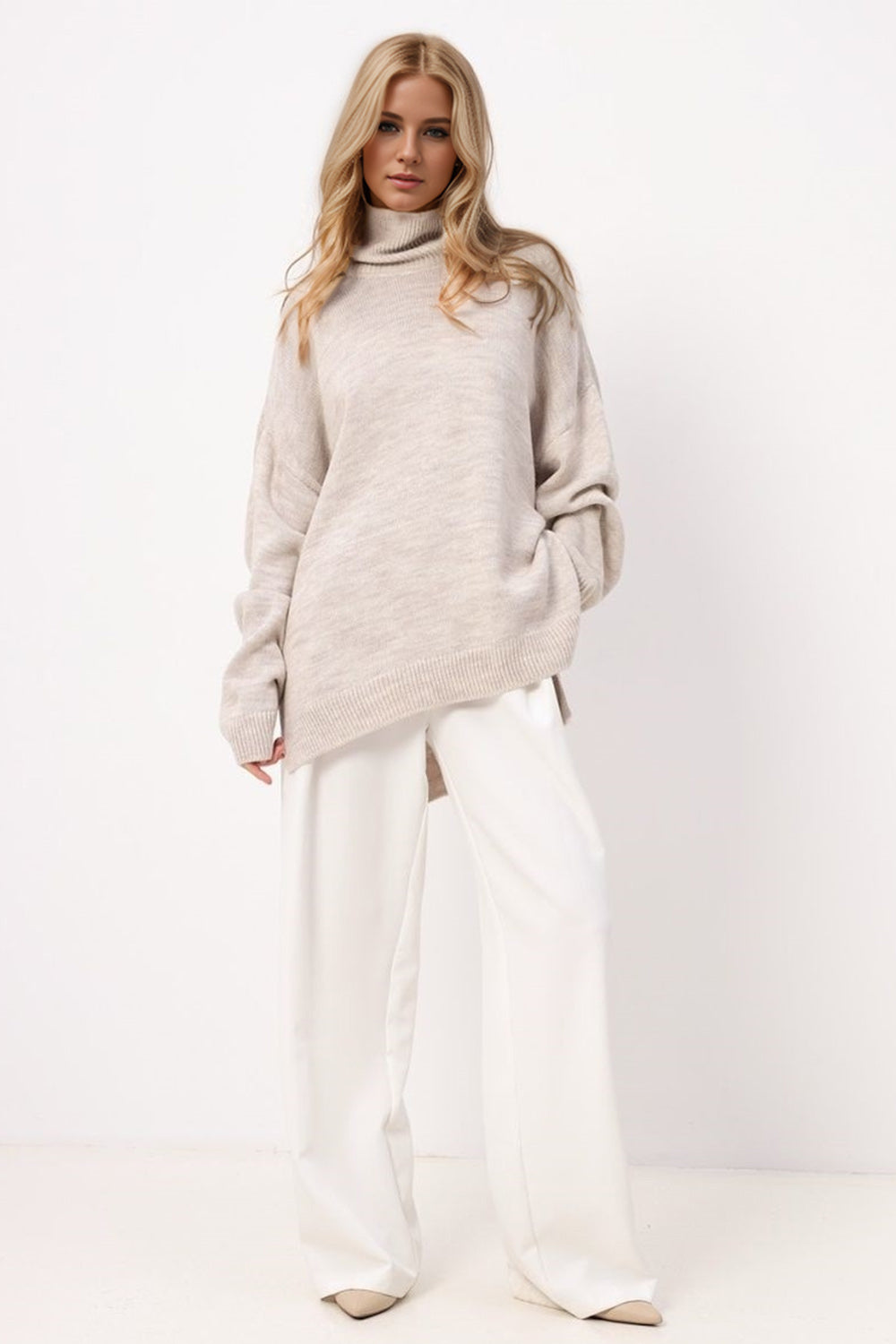 Basic Side Slit Turtleneck Long Sleeve Sweater