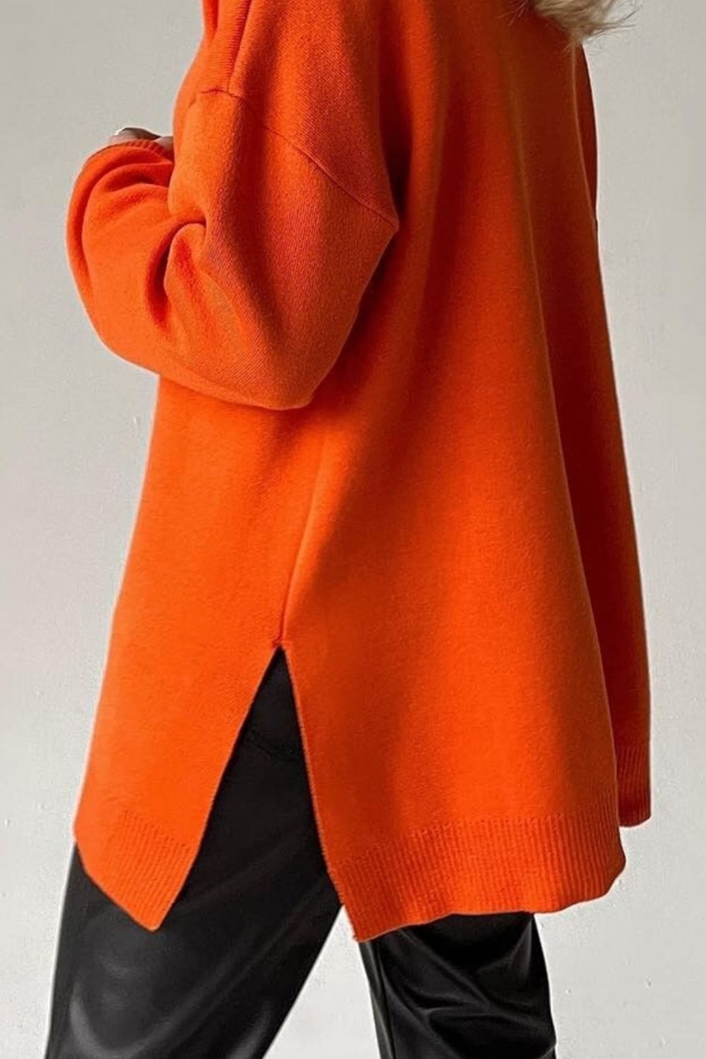 Basic Side Slit Turtleneck Dropped Shoulder Sweater