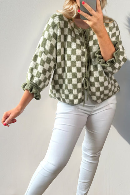 Pink Checkered Flounce Sleeve Cardigan