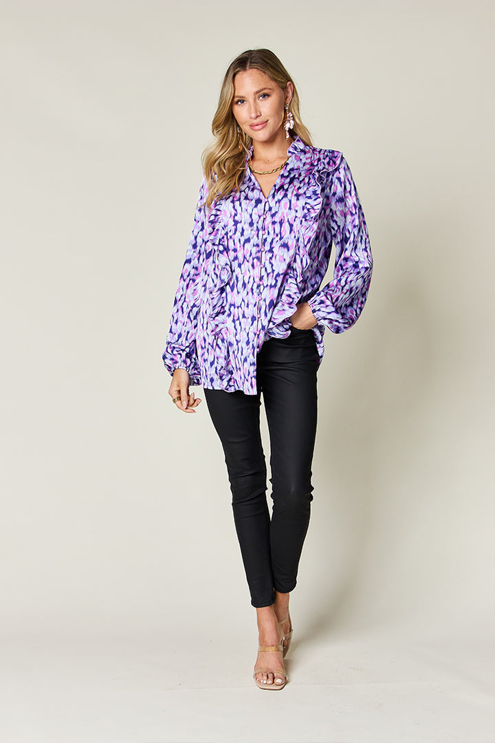 Falling Short Printed Ruffle Trim Balloon Sleeve Shirt