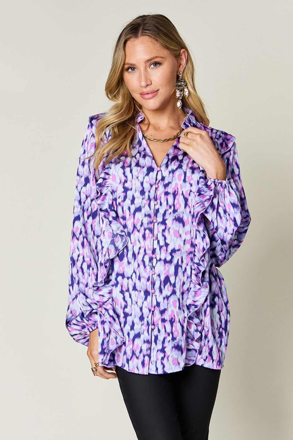 Falling Short Printed Ruffle Trim Balloon Sleeve Shirt