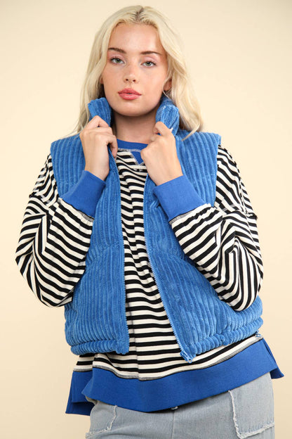 Zig-Zag Padded Corduroy Puffer Jacket | Blue