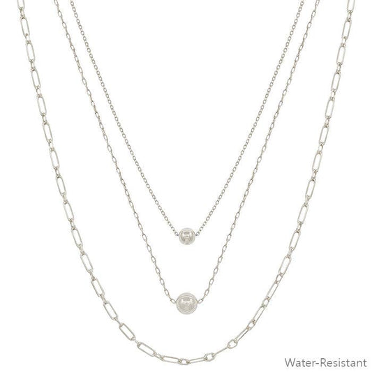 Water Resistant Silver Ball with Chain Triple Layered 16"-18" Necklace