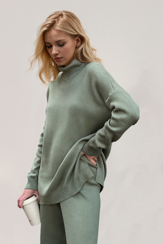 Basic Side Slit Turtleneck Dropped Shoulder Sweater