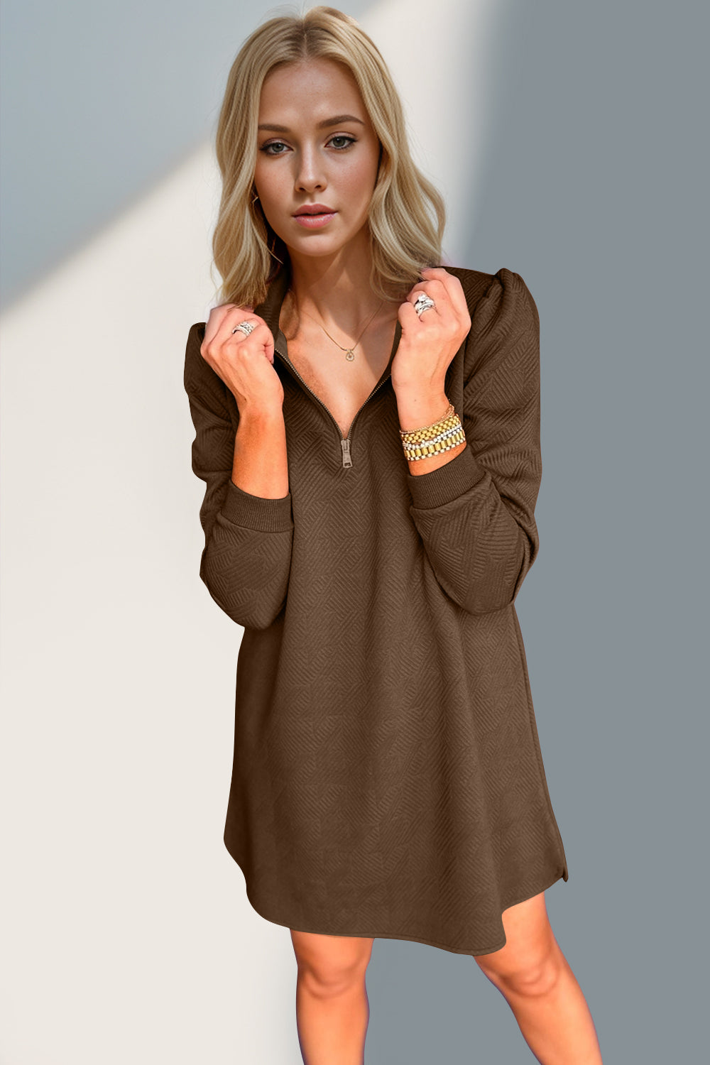 Double Take Quarter Zip Long Sleeve Dress