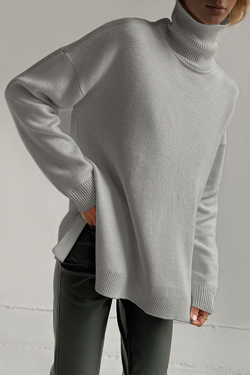 Basic Side Slit Turtleneck Dropped Shoulder Sweater