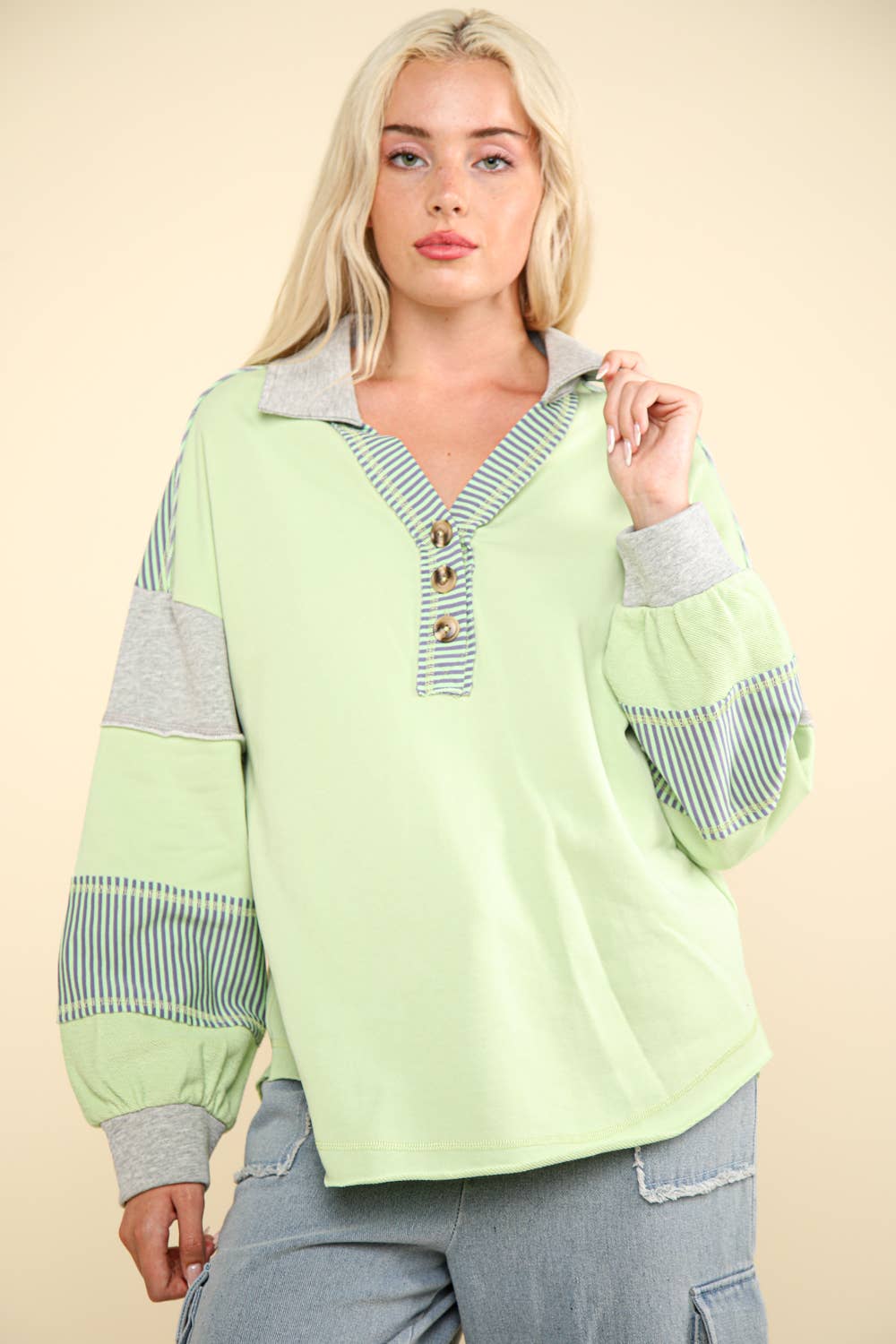 Color Block Oversized Casual Knit Top | APPLE GREEN