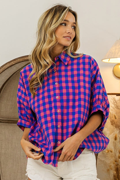 Plaid Button Up Dolman Sleeve Shirt