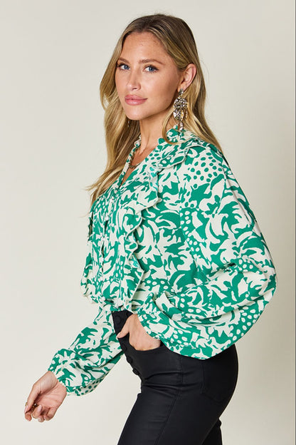 Julie Printed Ruffle Trim Balloon Sleeve Shirt