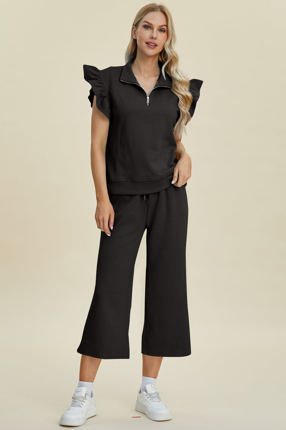 Diana Full Size Texture Ruffle Short Sleeve Top and Wide Leg Pants Set