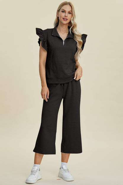 Diana Full Size Texture Ruffle Short Sleeve Top and Wide Leg Pants Set