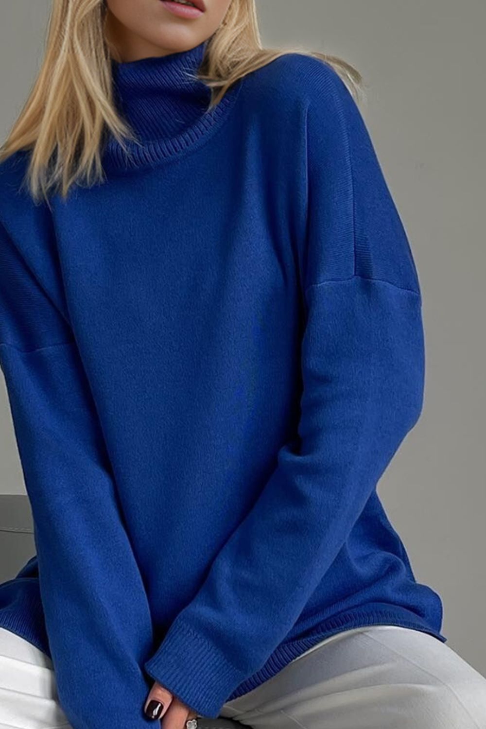 Basic Side Slit Turtleneck Dropped Shoulder Sweater