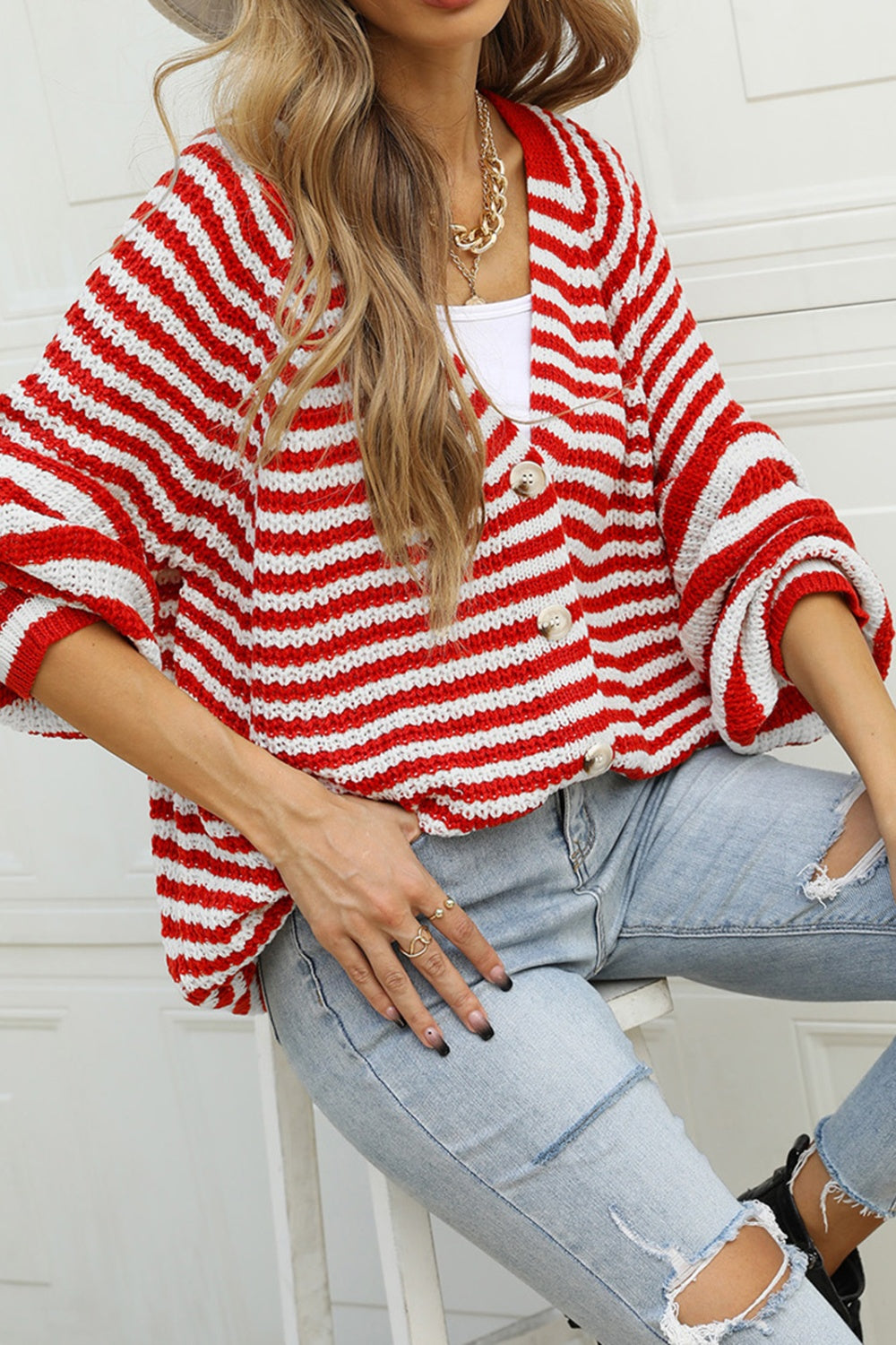 Angel Wings Striped Button Up Long Sleeve Cardigan