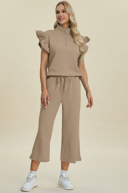 Diana Full Size Texture Ruffle Short Sleeve Top and Wide Leg Pants Set