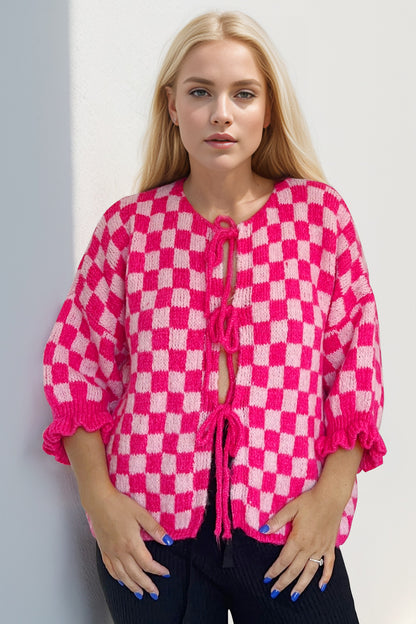 Pink Checkered Flounce Sleeve Cardigan