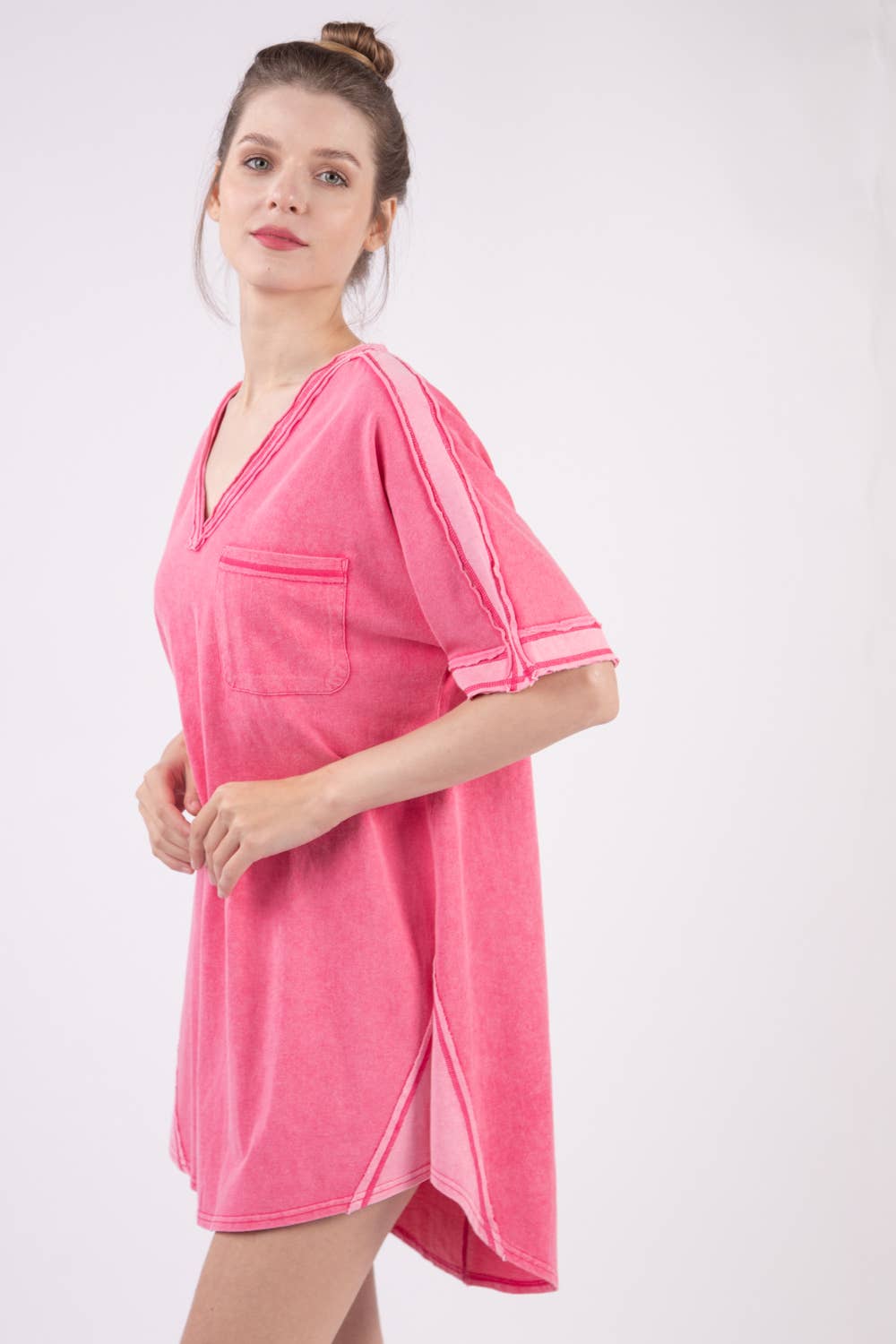 Oversized Washed T-shirt Knit Dress | HOT PINK