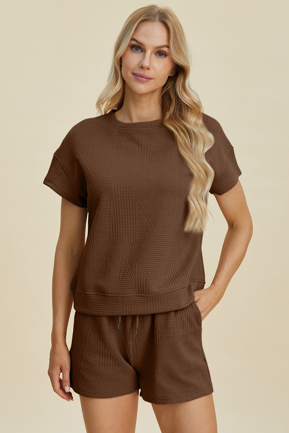 Texture Short Sleeve Top and Shorts Set