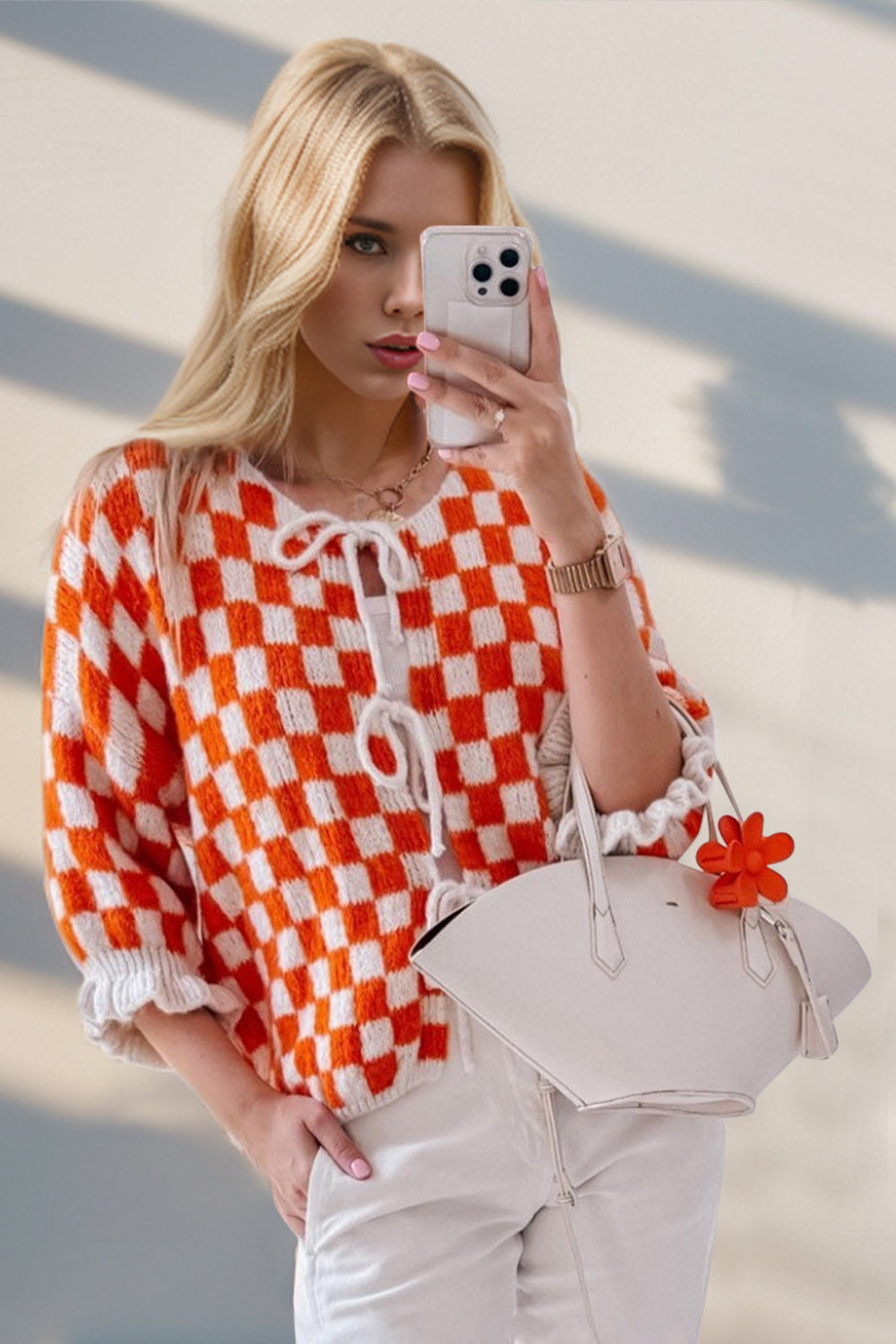 Pink Checkered Flounce Sleeve Cardigan