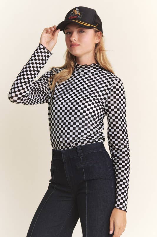 LONG SLEEVE CHECKERED MESH MOCK NECK TOP