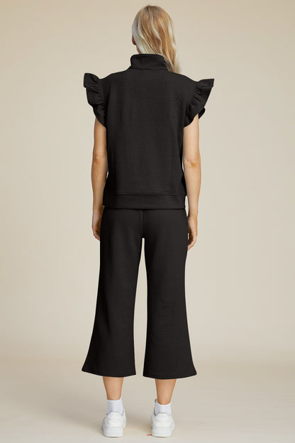 Diana Full Size Texture Ruffle Short Sleeve Top and Wide Leg Pants Set