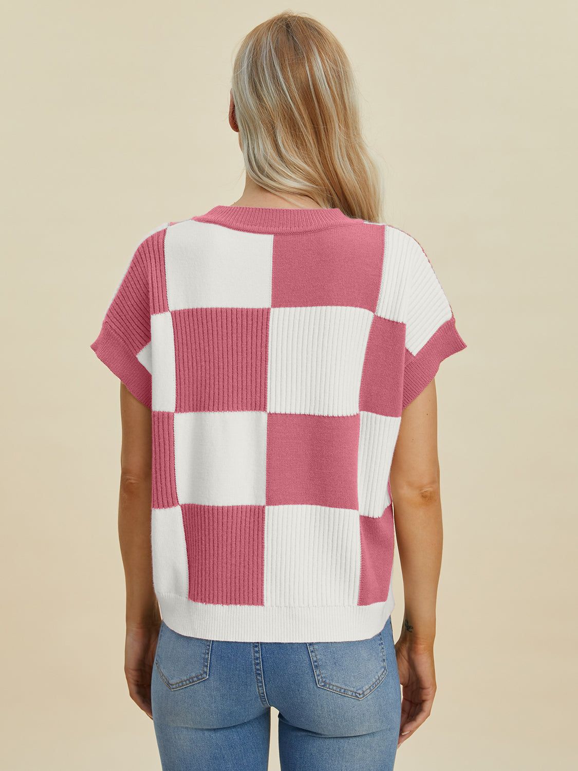 Darla Checkered Round Neck Short Sleeve Sweater