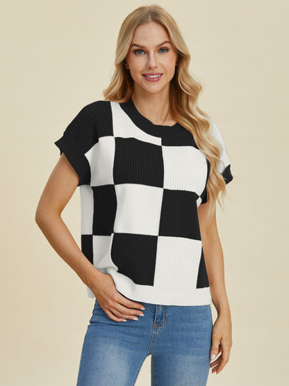 Darla Checkered Round Neck Short Sleeve Sweater