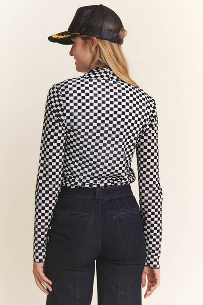 LONG SLEEVE CHECKERED MESH MOCK NECK TOP