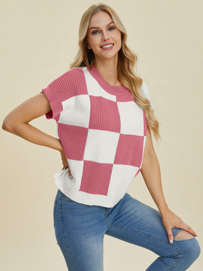 Darla Checkered Round Neck Short Sleeve Sweater