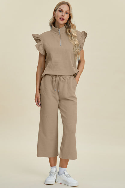 Diana Full Size Texture Ruffle Short Sleeve Top and Wide Leg Pants Set