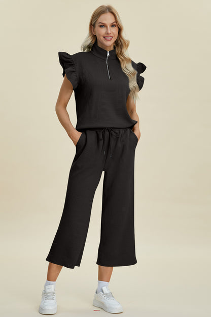 Diana Full Size Texture Ruffle Short Sleeve Top and Wide Leg Pants Set