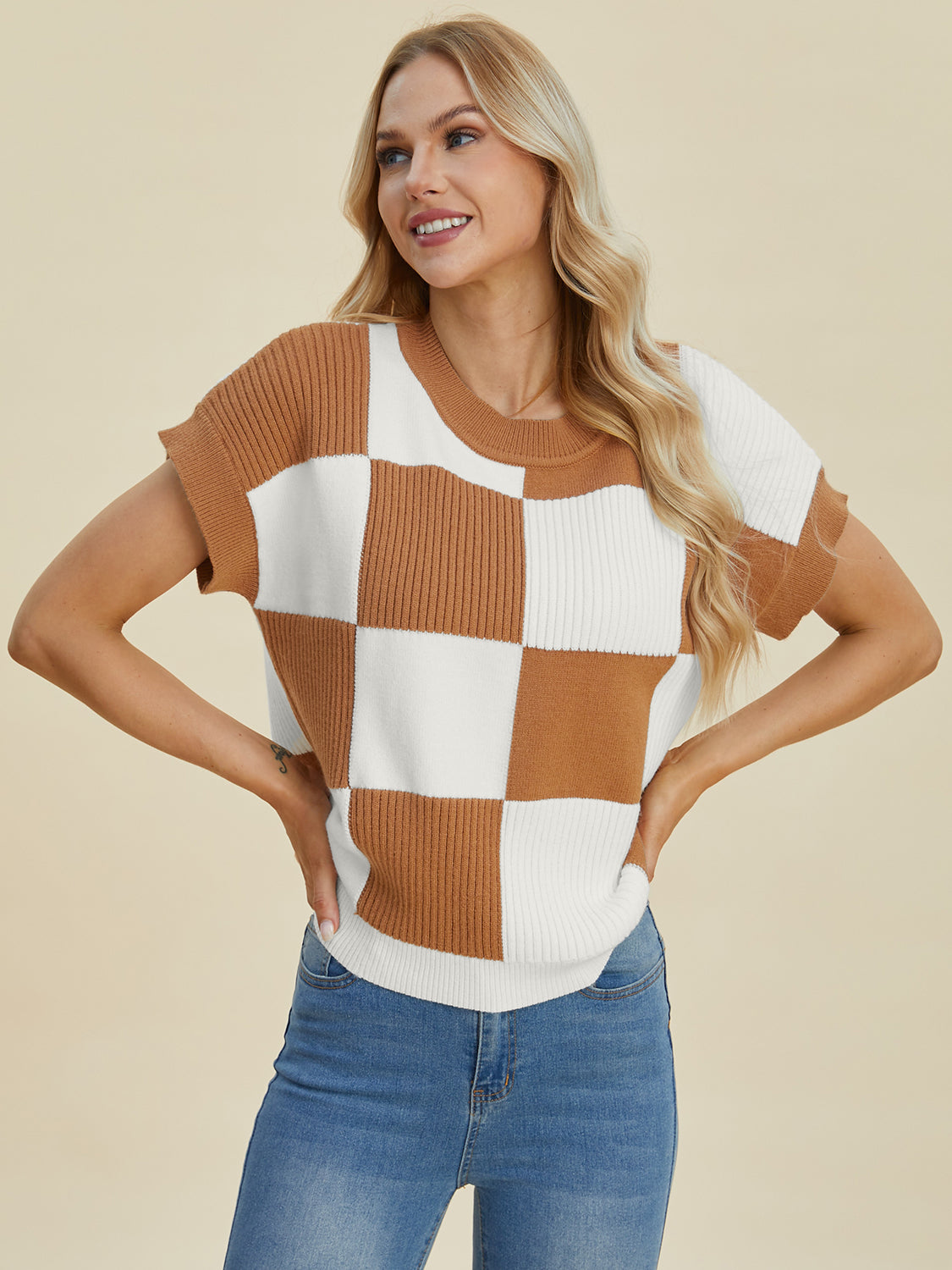 Darla Checkered Round Neck Short Sleeve Sweater