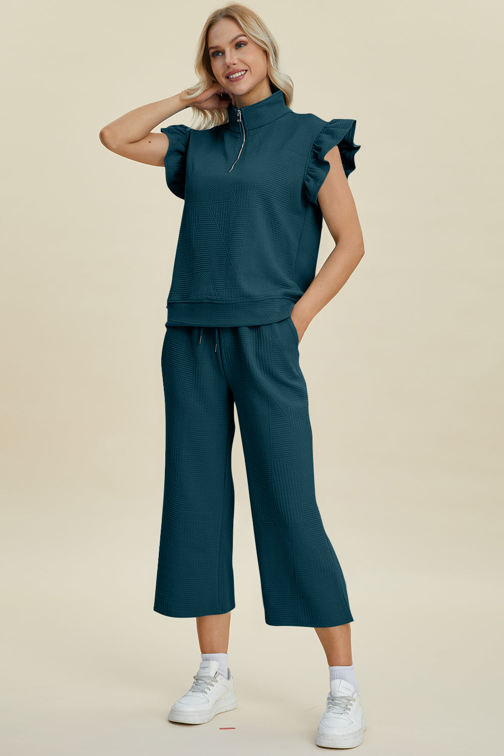 Diana Full Size Texture Ruffle Short Sleeve Top and Wide Leg Pants Set