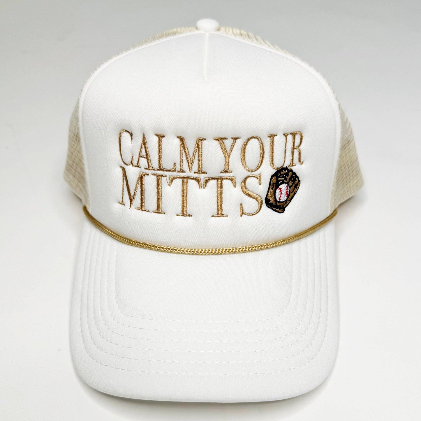 Calm Your Mitts Baseball Trucker Hat | Ivory/Brown Rope