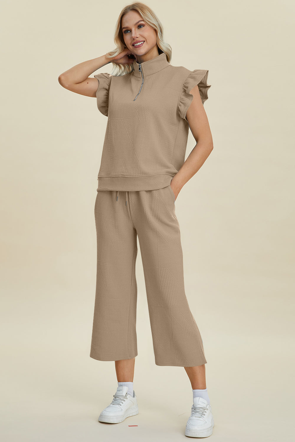 Diana Full Size Texture Ruffle Short Sleeve Top and Wide Leg Pants Set