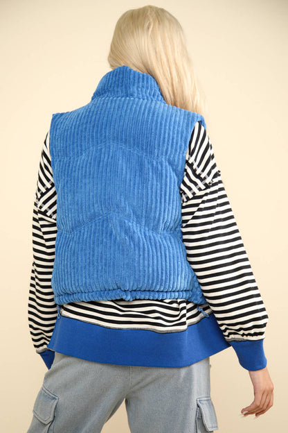 Zig-Zag Padded Corduroy Puffer Jacket | Blue