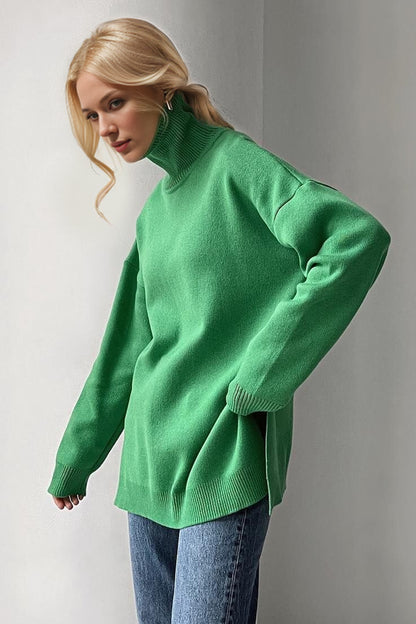 Basic Side Slit Turtleneck Dropped Shoulder Sweater