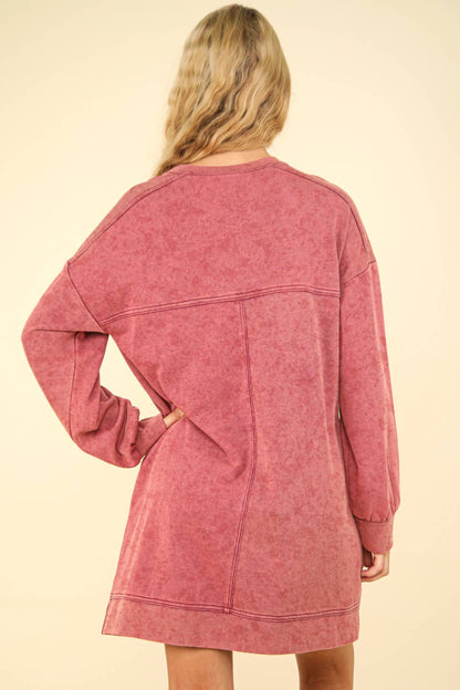 Mineral Washed Oversized Knit Sweatshirt Mini Dress | MAGENTA